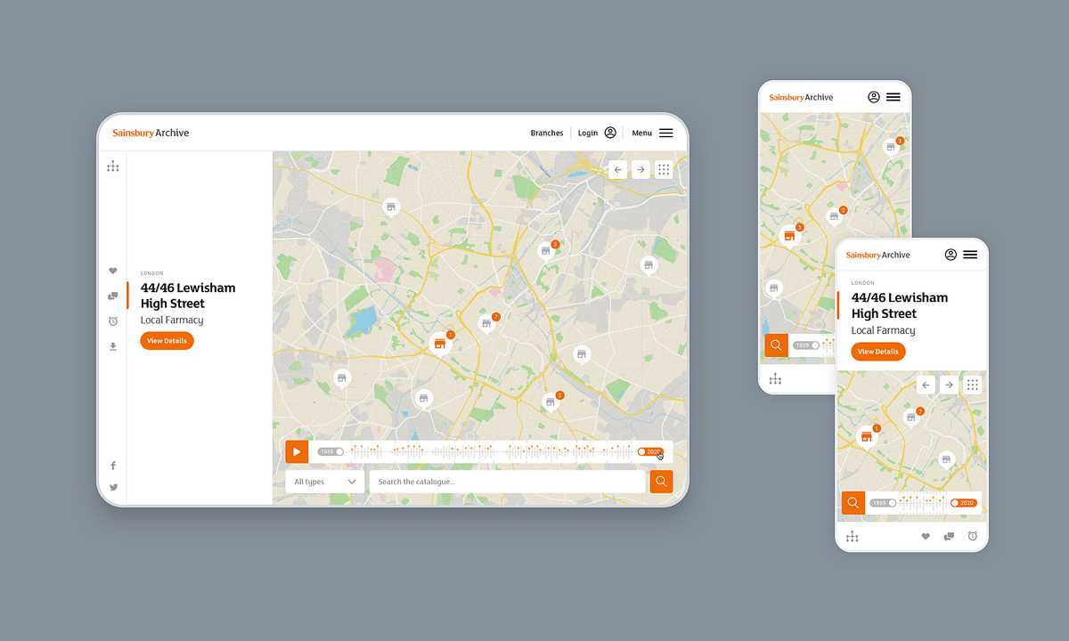 Interactive mapped timeline of all supermarket branches