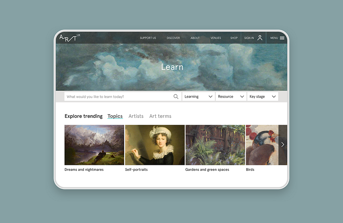 Image of the Art UK Learn page navigation menu design.