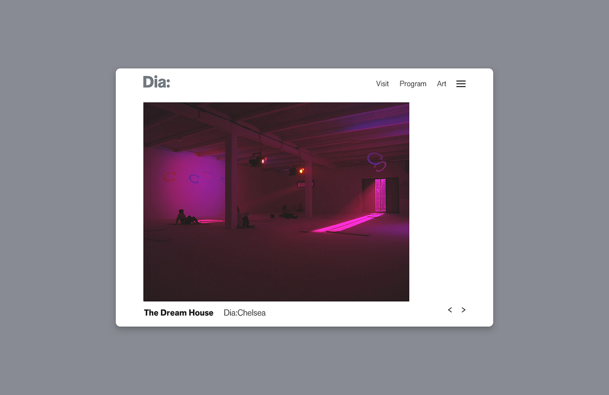 Image of the Dia Homepage, navigation design.