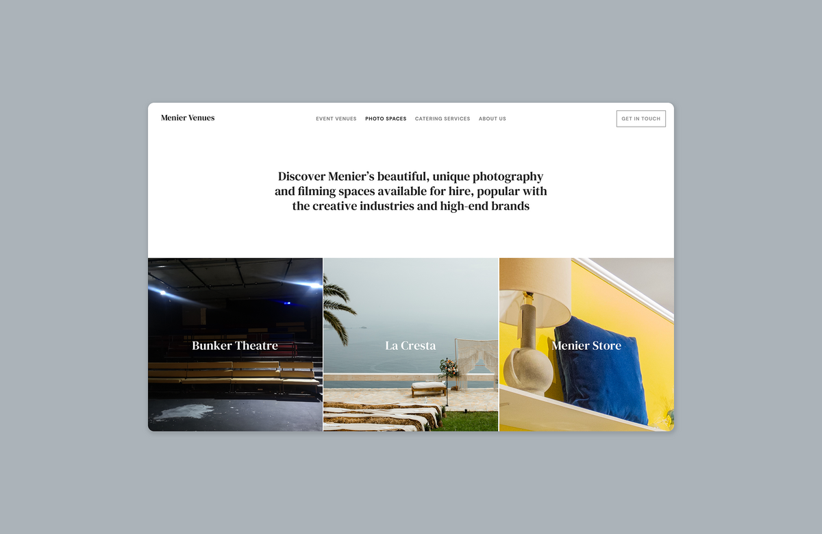 Image showcasing design elements of Menier Venues homepage.